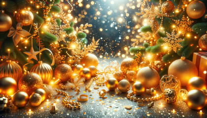 Poster - Festive New Year or Christmas scene with golden sparkling decorations and gifts near the Christmas tree