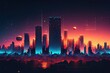 Neon mega city capital towers with futuristic technology background