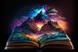 Enchanted fairy tale pop-up book revealing colorful mountain landscape