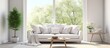 © Lasvu - Scandinavian interior design featuring a white living room sofa and a window showcasing a summer landscape