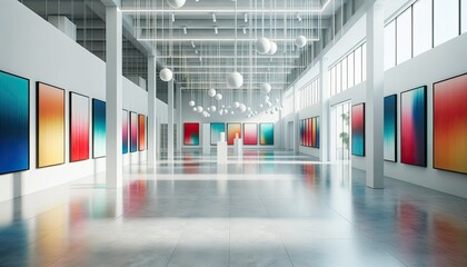 a modern gallery showcases vibrant gradient artworks aligned on white walls, illuminated by unique h