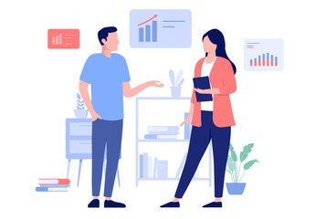 Aufkleber - Discussing chars and data - Man and woman in office working with financial graphs talking and having conversation about business result. Flat design vector illustration with white background