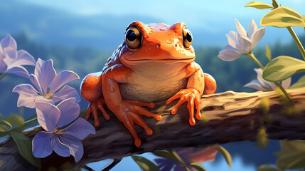 Wall Mural - 3d render of yellow frog sitting on a branch with blooming flowers. 
