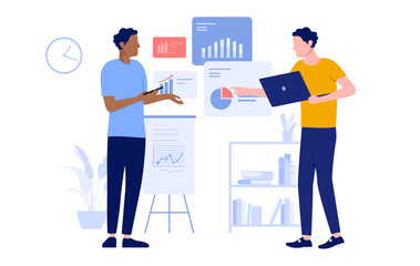 Aufkleber - Two people working with charts and data - Characters with computer looking at financial graph and diagram analysing results. Flat design vector illustration with white background