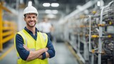 Fototapeta  - Portrait of a happy european factory worker wearing hard hat and work clothes