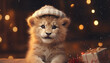 Tiny Cute Kawaii Lion Wearing Christmas Outfit with a Happy Expression