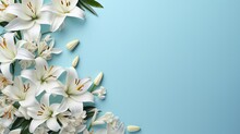  a bunch of white lilies on a blue background with space for text.  generative ai