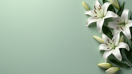 Wall Mural -  a bunch of white lilies on a green background with space for text.  generative ai