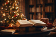 Festive Reads, Christmas Books For All The Family. Best Holiday and Christmas Books for Adults kids. Many books near Christmas tree at cozy home lights at night
