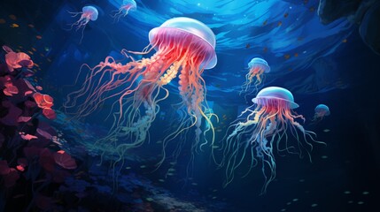 Wall Mural - A jellyfish pulsating gracefully, surrounded by curious fish in the blue abyss.