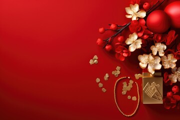 Poster - Chinese new year decorations with sakura flowers, red gift boxes and gold. AI Generated