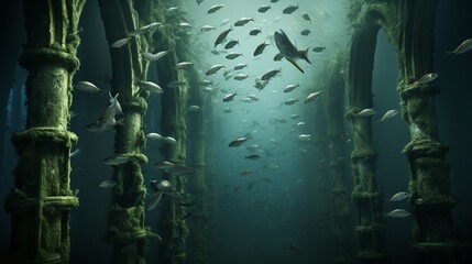 Wall Mural - Schools of fish weaving through the pillars of an underwater shipwreck, nature reclaiming its own.