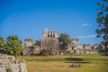 Wall Mural - Pre-Columbian Mayan walled city of Tulum, Quintana Roo, Mexico, North America, Tulum, Mexico. El Castillo - castle the Mayan city of Tulum main temple