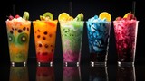 Fototapeta  -  a row of different colored drinks sitting next to each other.  generative ai