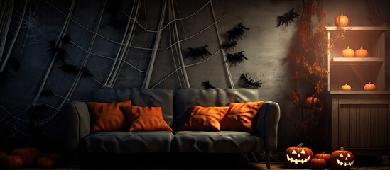 Wall Mural - House interior adorned with Halloween themed decorations like pumpkins cobwebs and spiders