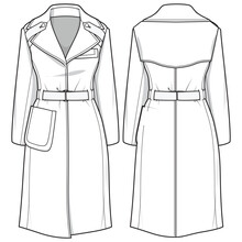 Women's Notch lapel trench coat design flat sketch fashion illustration front and back view, Over coat technical cad drawing vector template. topcoat outer wear coat