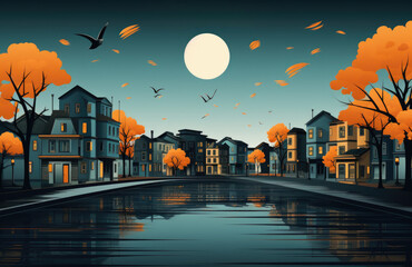 Wall Mural - An illustration of a city at night with trees and a full moon, AI