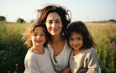 Wall Mural - A happy smiling woman with daughters sitting on either side of her at a sunny day