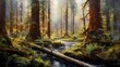 Panoramic view of a stream in a coniferous forest