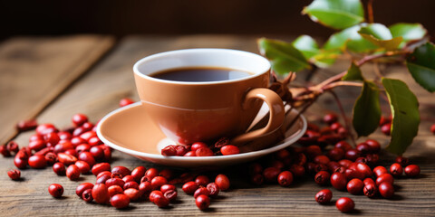 Poster - Coffee and cranberries on wooden table, AI