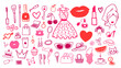 Vector illustration collection of beauty and fashion isolated doodles in pink and red colors