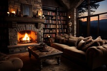 Warm Fireplace Setting In A Rustic Living Room With A Vast Collection Of Books