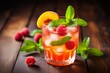 A vibrant peach and raspberry spritzer served chilled on a warm summer day
