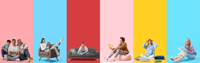 Poster - Set of many people with books on color background