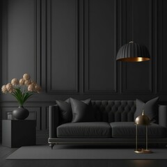 Wall Mural - Distinct living room dark interior with luxury sofa, lamp and plant. indoor design