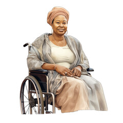 Elderly african american woman in wheelchair, isolated on transparent background