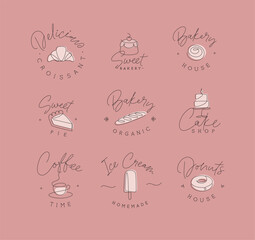 Wall Mural - Linear bakery and dessert labels croissant, cupcake, pie, baguette, cake, coffee, ice cream, doughnut with lettering drawing in pen line style on coral background