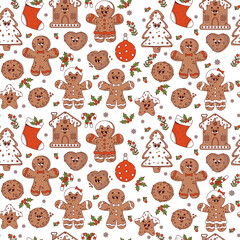 Wall Mural - seamless pattern Christmas groovy retro cartoon characters gingerbread