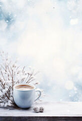 Warm drink on a cozy winter backdrop.