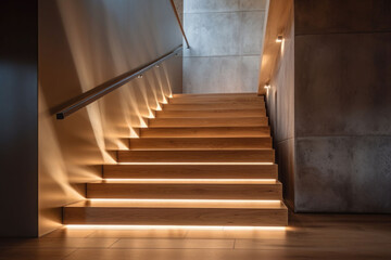 Wooden staircase to first floor inside contemporary house. Generative AI