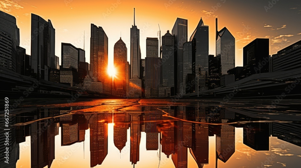 Sunset Distorted Bending buildings and vibrant city lights create a surreal urban ...