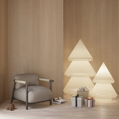 Wall Mural - Modern minimalist living room design with Christmas tree light , presents and empty wall mock up , 3d rendering 