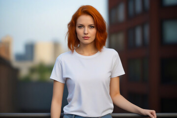 Canvas Print - Woman with red hair is standing on balcony with her hands on her hips.