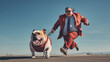 a old man obesity wearing sunglasses running with a obesity bull dog