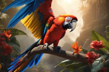 Wall Mural - Colorful Scarlet Macaw parrot against jungle background