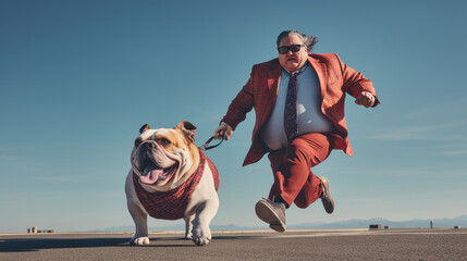 Wall Mural - a old man obesity wearing sunglasses running with a obesity bull dog