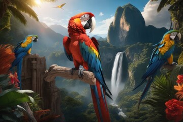 Wall Mural - Colorful Scarlet Macaw parrot against jungle background