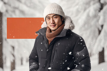 Wall Mural - Asian man in a down jacket and a knitted hat on a snowy forest background. Blank frame for product placement or advertising text.