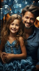 Wall Mural - Full body young parents mom dad with child kid daughter teen girl in blue clothes giving piggyback ride to kid, sit on back on background. People portrait illustration. Generative AI