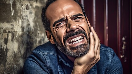 Wall Mural - Man with sensitive teeth touching his cheek. Beautiful style illustration. Generative AI