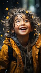Wall Mural - Happy asian little child girl having fun to play with the rain in the evening sunlight in vintage color tone. People portrait illustration. Generative AI