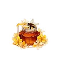 Wall Mural - bees suck honey, honey in a bottle and yellow flower decoration, honey drops from inside the bottle. isolated on white background PNG.
