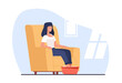 Woman sits in cushioned chair and does hot foot bath. Legs in hot water. Spa treatment. Home skincare and self care. Beauty and health procedures. Cartoon flat isolated png concept