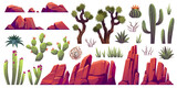 Desert elements. Cartoon stones of different shapes, plants of arid zones, succulents, cacti and tumbleweed, canyon rocks, exotic landscape objects, solid cliffs, bare trees tidy png set