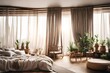 Rustic home design with ethnic decoration. Bed with pillows, wooden furniture, plants in pots, armchair and curtains on large windows in cozy bedroom interior, nobody, flat lay, panorama, free space  