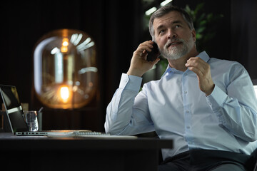 Poster - Serious mature businessman working on laptop at office, talking on cellphone, call with business client.